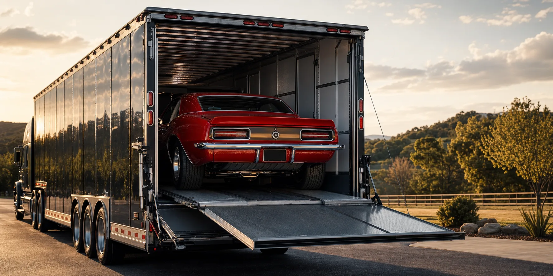 Classic car loaded in an enclosed transport trailer